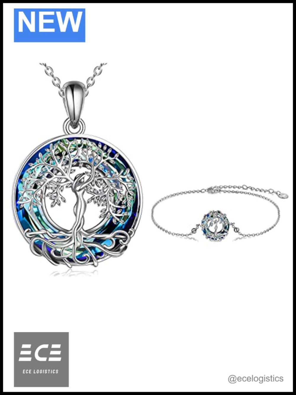 925 Sterling Silver Tree of Life Necklace Bracelet Set Crystal Jewelry Gift